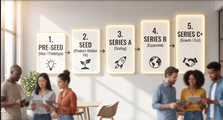 The five startup funding stages: Pre-Seed, Seed, Series A, Series B and Series C+